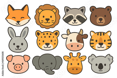 Cute animal faces vector set. Minimalist cartoon illustration featuring fox, lion, raccoon, bear, rabbit, cheetah, cow, tiger, pig, elephant, giraffe, koala. Playful design, transparent background.