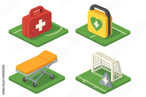 Football field safety and medical emergency icon set. Isometric vector illustration of first aid kit, defibrillator, stretcher for sport injury. Health care concept.
