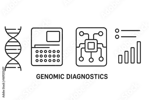 Genomic diagnostics outline icon set. Gene sequencing, DNA analysis, bioinformatics data, and lab technology. Genetic research, precision medicine vector illustration concept.