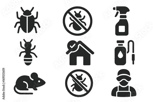 Pest control solid glyph icon set. Infestation, prevention, and extermination symbols. Bug, ant, rat, and spray icons. Vector pictogram collection for disinfection service.