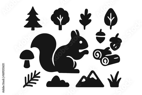 Squirrel forest elements icon set. Black silhouette woodland animal & nature objects. Vector cartoon clip art collection with tree, leaf, acorn, mushroom, mountain. Cute.