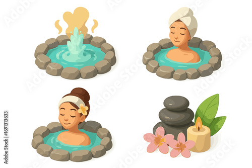 Geothermal hot springs icon set. 3D spa wellness symbols. Woman relaxing in onsen. Vector cartoon illustration. Self care hydrotherapy. Beauty treatment relaxation concept.