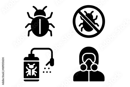 Pest control service solid glyph icon set. Infestation prevention pictogram collection. Exterminator, insecticide spray, bug, stop insect sign vector icons. Disinfection.