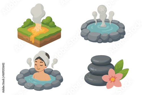 Geothermal hot springs isometric icon set. 3D spa and wellness symbols. Vector cartoon illustration of a woman relaxing in a thermal pool, geyser, and zen stones for beauty treatment.