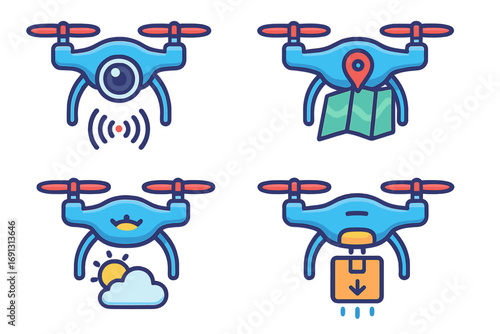 Drone technology icons set. Modern vector illustration of drones for delivery, aerial photography, mapping, weather monitoring. Vibrant cartoon style, transparent background, UAV quadcopter concepts.