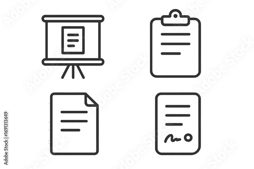Documents line icon set for business. Vector graphic symbols for presentation, clipboard, report, file, and signed contract. Editable stroke icons for web and app design.