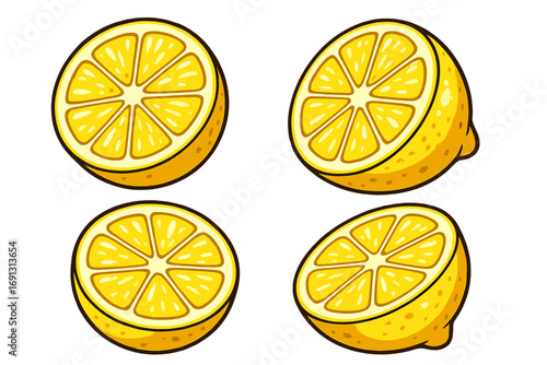 Set of lemon halves and slices in cartoon style. Fresh juicy citrus fruit vector illustration for lemonade, drinks, and cooking. Healthy food icon with vitamin C. Sour taste graphic.