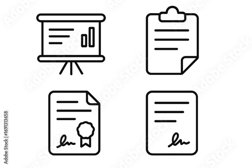 Business documents line icon set. Presentation chart, financial report, clipboard checklist, signed contract or certificate. Editable stroke vector icons for web and apps.