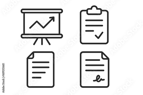Business documents line icon set. Icons for presentation, growth chart, report, analysis. Clipboard with checklist, task list. Signed contract, agreement, deal symbol. Vector.