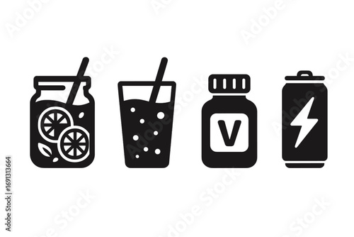 Health drink icon set. Solid filled glyph icons of wellness drinks like detox water, green juice, lemonade, and smoothies. Vector symbols for vitamin supplements and energy drinks.