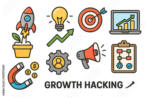 Growth hacking vector icons for business marketing strategy. Startup success, lead generation, data analysis, user acquisition, promotion and innovation. Tools for rapid growth.
