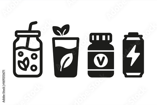 Health drink solid icons. Beverage icon set for wellness. Detox water, green juice, smoothie jar, herbal tea, vitamin bottle, supplement, energy drink can for a healthy lifestyle.