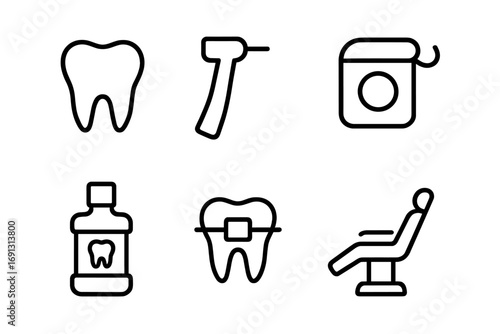 Dental icon set. Vector line art symbols of dentistry and oral hygiene. Minimalist pictograms: tooth, drill, floss, mouthwash, braces, chair. Stomatology concept.