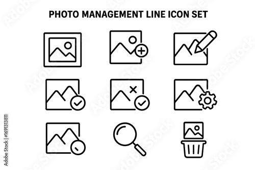 Photo management line icon set. Image gallery and picture tools outline collection. Vector pictograms for UI and UX design. Add, edit, delete, and search symbols.