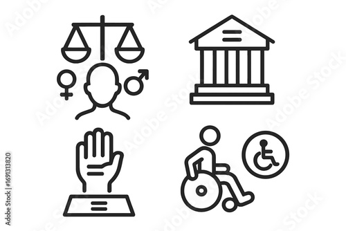 Inclusive legal icons for equality and accessibility. Vector line art set. Gender equality, human rights, court, disability access symbols. Social justice illustration.