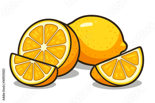 Lemon fruit with slices and wedges. Vector cartoon illustration of fresh juicy citrus. Healthy food icon for lemonade, vitamin C, and organic concepts. Isolated.