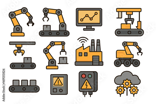 Industrial automation icon set for smart factory and robotics. Vector illustration of robotic arm, conveyor belt, manufacturing machinery. Industry 4.0 technology concept.