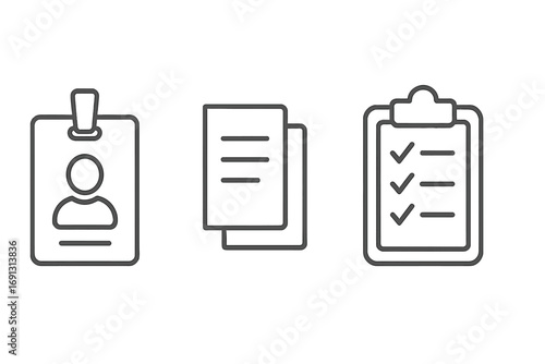 Employee badge, ID card, and documents line icon set. Office management pictograms with clipboard checklist, staff identification, and paperwork symbols for web and apps. Editable stroke vector.