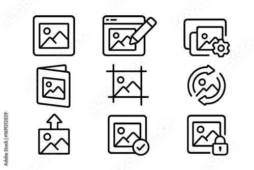 Photo management line icon set. Image gallery and picture tools outline collection. Vector symbols for website and app UI. Edit, crop, upload, sync, secure photo, album, settings.