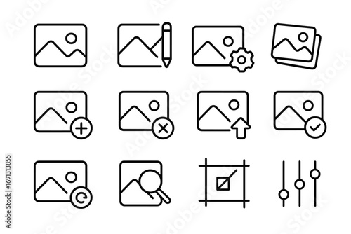 Photo management line icon set. Image gallery, picture tools outline collection. Vector symbols for edit, upload, crop, filter, settings. UI UX for web and app design.