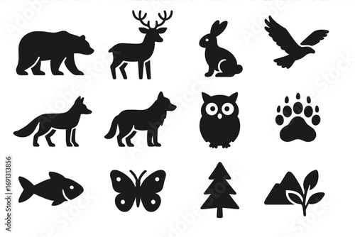 Forest animal icon set. Wildlife and nature silhouette collection. Vector graphic symbols for woods, outdoors, and conservation. Bear, deer, wolf, fox, owl, rabbit, eagle.