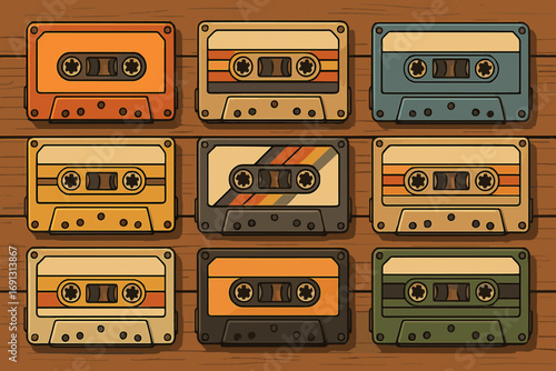 Retro cassette tapes collection set, vintage audio music tapes in colorful 1980s 1990s style, vector cartoon illustration, nostalgic music memorabilia, wooden background, multicolored classic designs