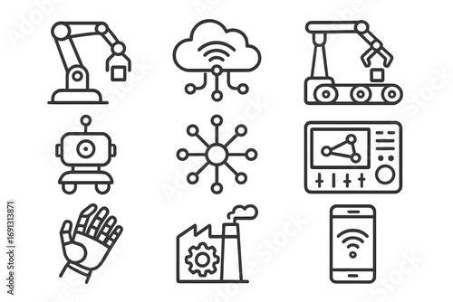 Industrial automation and robotics line icon set. Vector symbols for Industry 4.0, smart factory, IoT, and AI technology. Includes robotic arm, conveyor, and network control.