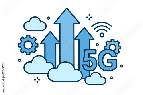 5G network technology concept for growth in connectivity. High speed wireless mobile internet. Cloud computing and digital infrastructure development with up arrows and gears vector.