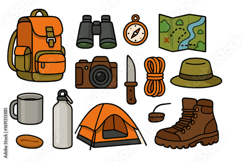 Outdoor adventure gear set for hiking and camping. Vector icons collection with backpack, tent, map, compass, boots, camera. Exploration and travel equipment illustration.