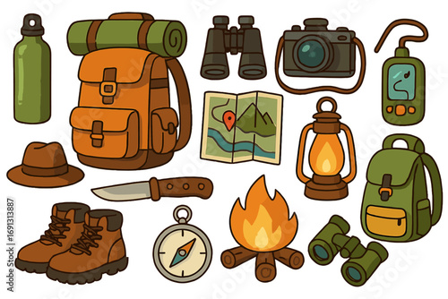Camping equipment and hiking gear icon set. Outdoor adventure and travel items for nature exploration. Vector cartoon illustration with backpack, boots, map, compass, and campfire.