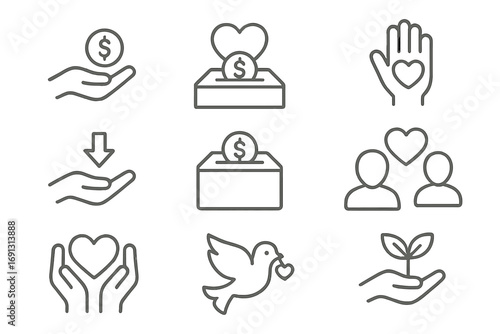 Charity and donation thin line icons set for social causes. Minimalist vector symbols for volunteering, fundraising, support, community, hope, love, and humanity concept.