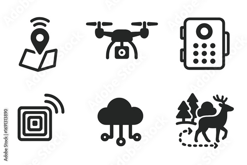 Wildlife monitoring icon set. Animal tracking technology with GPS, drone, camera trap, RFID tag, and cloud data. Vector for conservation, zoology research and ecology.
