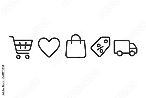 Online shopping process icon set. E-commerce vector line icons. Add to cart, wishlist heart, checkout bag, sale discount tag, and home delivery truck symbol collection.