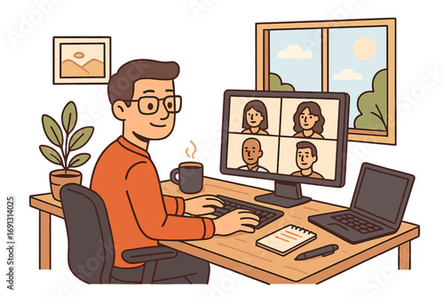 Remote work home office setup with desk, coffee cup, computer, laptop, digital technology, virtual meeting, teamwork, daytime sunlight, interior workspace, plant, productivity concept, vector cartoon