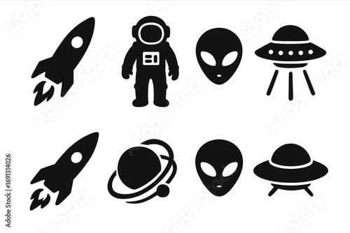 Space icon silhouette set with rocket, astronaut, alien head, and UFO symbols. Vector cartoon graphic collection for cosmic, galaxy, astronomy, and exploration themes clipart.