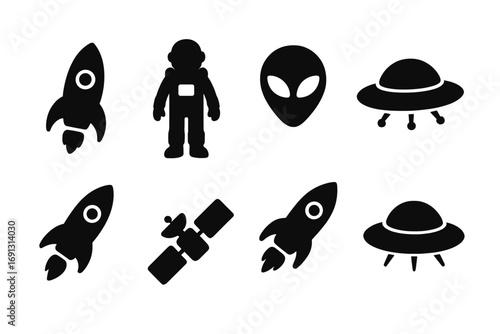 Space exploration icon set. Black silhouette collection of rocket ship, astronaut, alien head, UFO and satellite symbols. Science fiction graphic elements for design. Vector.