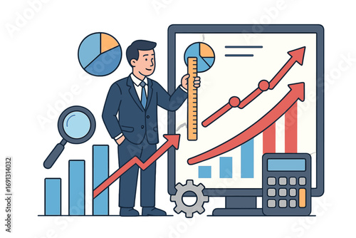Businessman measures financial growth on computer screen. Data analytics, market research, statistics concept. Performance metrics, investment report, profit increase arrow.