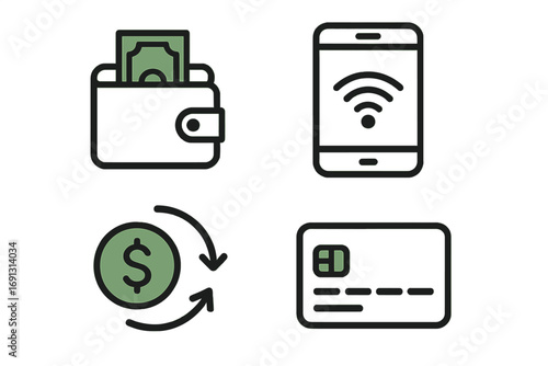Payment methods icon set. Minimalist vector illustration of digital transactions, mobile banking, credit card payment, cash in wallet, and money transfer for finance app.