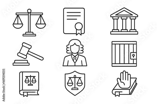Legal icons set. Law and justice symbols. Court, judge, gavel, courthouse, prison, scales, oath, law book, certificate. Crime and punishment concept. Line art vector.