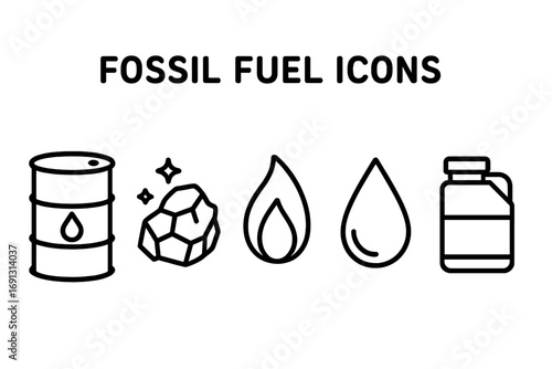 Fossil fuel line icon set. Non-renewable energy resources. Oil barrel, coal, gas flame, petroleum drop, diesel canister. Climate change and pollution vector symbols.