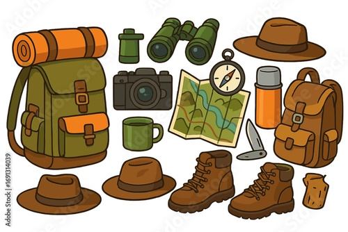 Outdoor adventure gear and hiking equipment collection. Vector illustration of travel items like backpack, boots, map, compass, camera, and knife. Isolated camping accessories set.