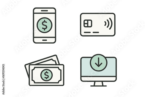 Minimalist financial icon set for digital transactions. Vector illustration of payment methods like mobile banking, contactless credit card, online transfer, and cash money.