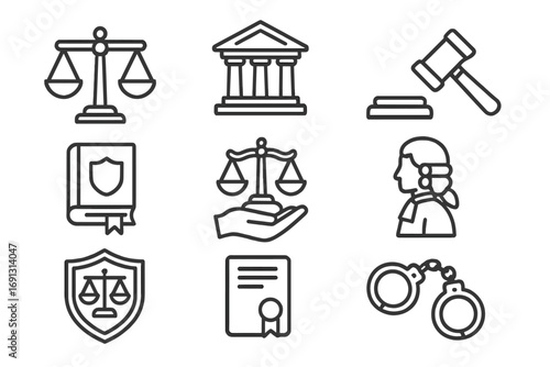 Law and justice icon set. Legal symbols in thin line style. Vector illustration of courthouse, judge, gavel, scales of justice, law book, and handcuffs. Crime, and auction concept.