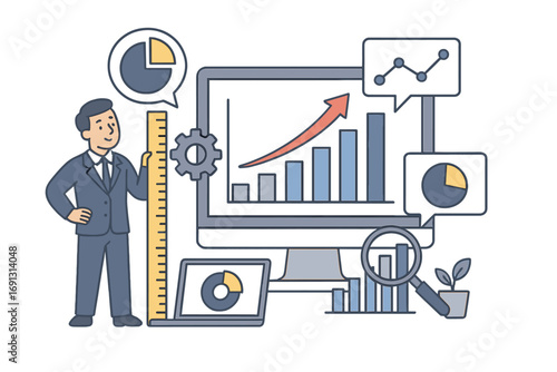 Businessman measuring business growth with visual analytics tools. Vector concept of data analysis, financial report, performance metrics, and statistics with charts and graphs.