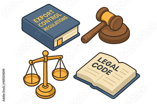 Legal compliance and export control regulations isometric icon set. Vector illustration of law book, gavel, scales of justice, and legal code for policy and justice concepts.