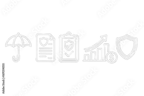 Insurance icon set. Financial protection, security concept. Policy, claim, coverage, investment growth. Vector line icons. Umbrella, shield, dollar sign, chart symbols.