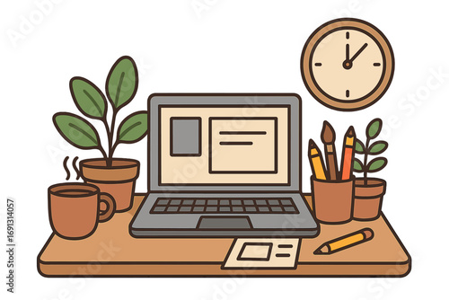 Cozy home office workspace essentials with laptop, steaming coffee mug, potted plants, clock, pencils, organized desk, productivity tools, creative study environment, cartoon vector illustration set