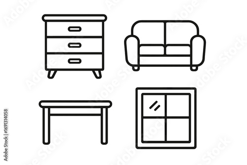 Furniture icon set. Home interior elements collection. Dresser, sofa, table, window. Linear outline style vector icons for web, app, UI, UX design and infographics.