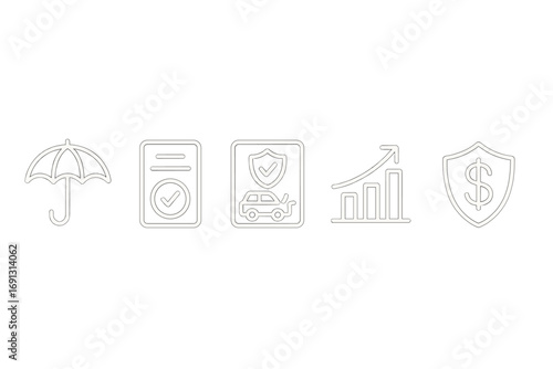 Insurance icon set. Car insurance, financial protection, policy document, and claim approved icons. Umbrella for safety, shield with dollar for security, and a growth chart. Vector.