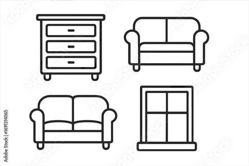 Furniture line icon set vector. Home interior design elements. Simple outline symbols of a dresser, sofa or couch, and window for web, apps, and decoration. Minimalist furnishing.